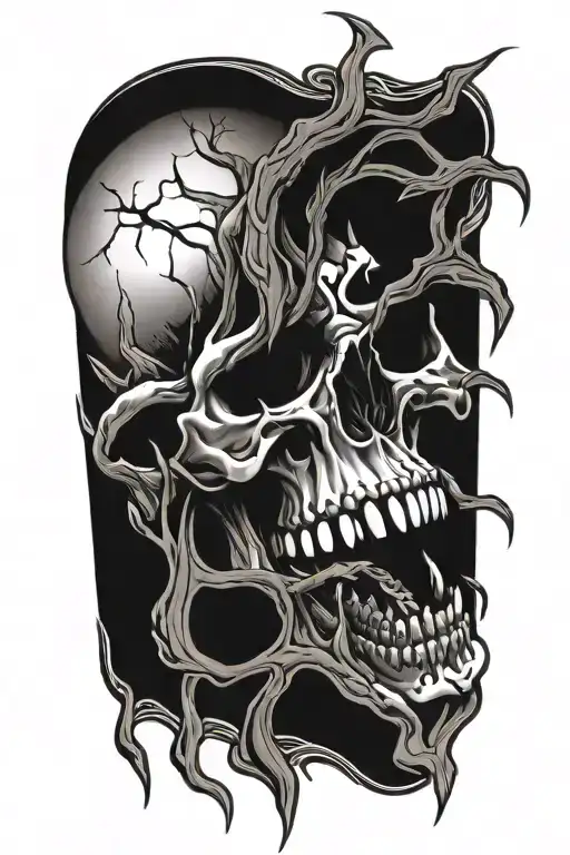 Hands reach out of mouth of screaming skull tattoo design idea