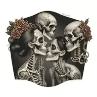 La Catrina in profile and a skeleton look at each other and kiss each other tattoo design idea