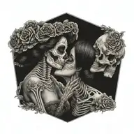 La Catrina in profile and a skeleton look at each other and kiss each other tattoo design idea
