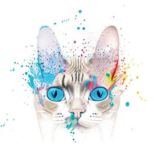 I want to intertwine 5 cat heads with a colorfull splash around. 2 sphynx cats heads, two british cat heads, one persian tattoo design idea