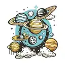 Space theme tattoo, planets, clouds, lightblue and dark background cool composition tattoo design idea