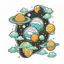 Space theme tattoo, planets, clouds, lightblue and dark background cool composition tattoo design idea