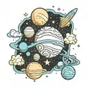 Space theme tattoo, planets, clouds, lightblue and dark background cool composition tattoo design idea