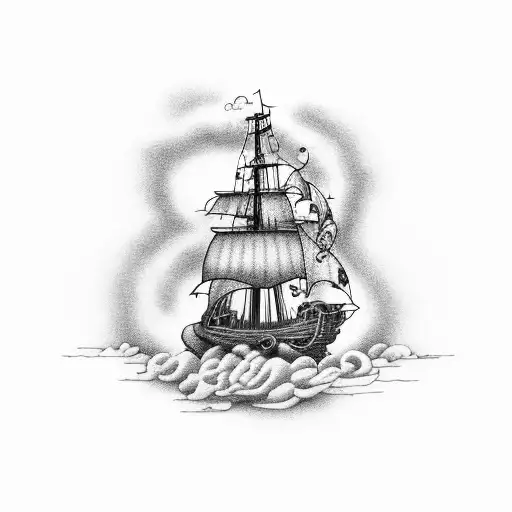 pirate ship in open ocean. cloud in the shape of a skull tattoo design idea