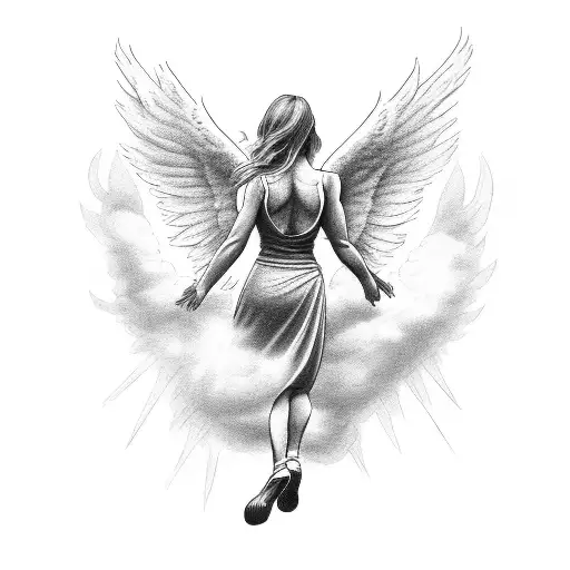 angel ascending up to heaven through the clouds. her back to us tattoo design idea