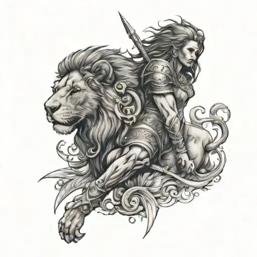 lion with warrior girl  tattoo design idea