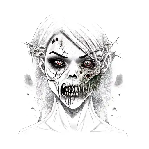 zombie chick with mouth stitched tattoo design idea