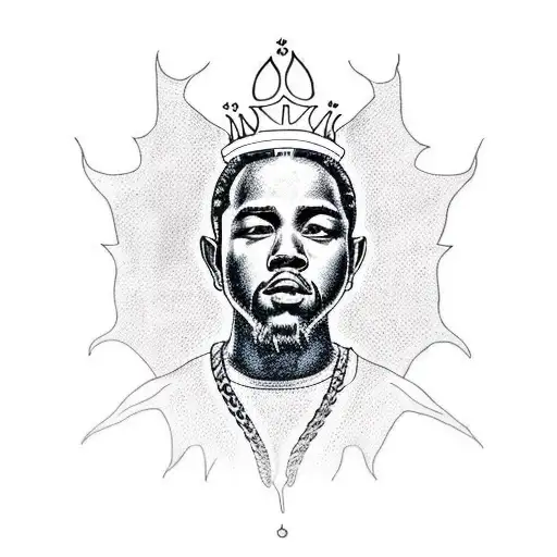 A blackwork tattoo of Kendrick Lamar with a spine crown and a microphone stand tattoo design idea
