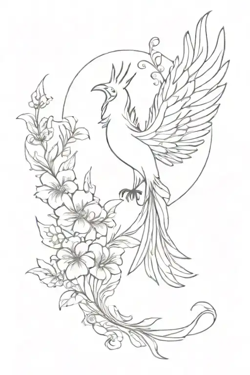 feminine rising Phoenix coming from Larkspur flowers tattoo design idea