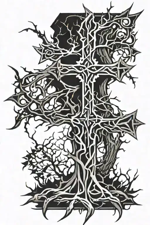 cross with thorns wrapped around it with a big elder tree  tattoo design idea