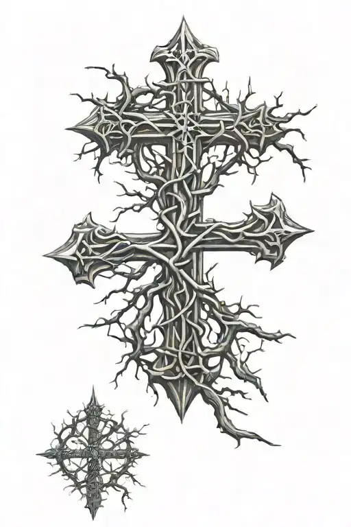 cross with thorns wrapped around it with a big elder tree  tattoo design idea