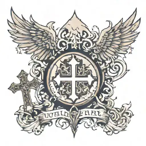 the world Venable surrounded by crosses and an eagle holding a cross tattoo design idea