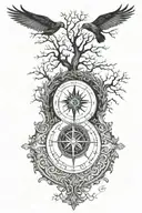 tree of life with Nordic compass surrounded by Nordic runes reading "not all those who wonder are lost" with crows tattoo design idea