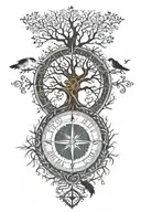 tree of life with Nordic compass surrounded by Nordic runes reading "not all those who wonder are lost" with crows tattoo design idea