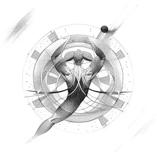 athletic figure such as a runner or a gymnast, surrounded by celestial elements. tattoo design idea