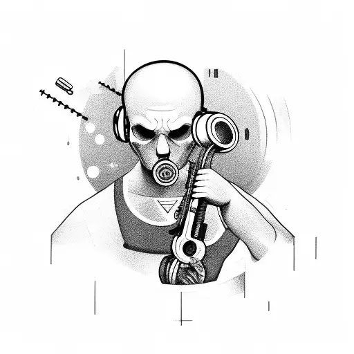 A mechanic holding a wrench and surrounded by musical notes tattoo design idea