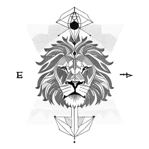 A lion standing on top of a mountain peak, with a compass in its paw tattoo design idea