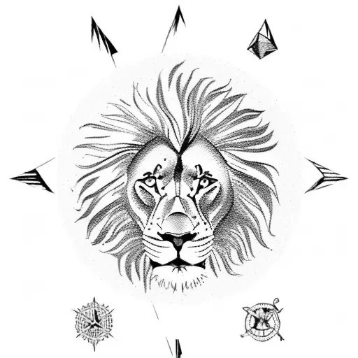A lion standing on top of a mountain peak, with a compass in its paw tattoo design idea