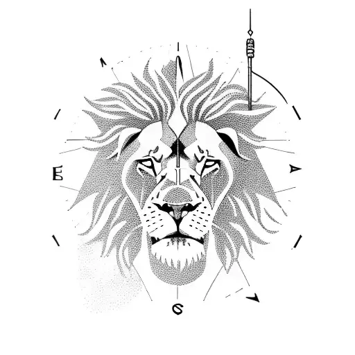 A lion standing on top of a mountain peak, with a compass in its paw tattoo design idea