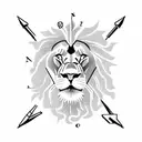 A lion standing on top of a mountain peak, with a compass in its paw tattoo design idea