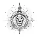A lion standing on top of a mountain peak, with a compass in its paw tattoo design idea