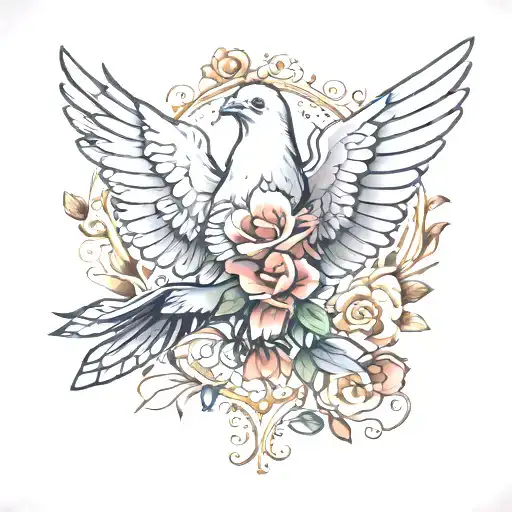 dove with flower and heart snall  tattoo design idea