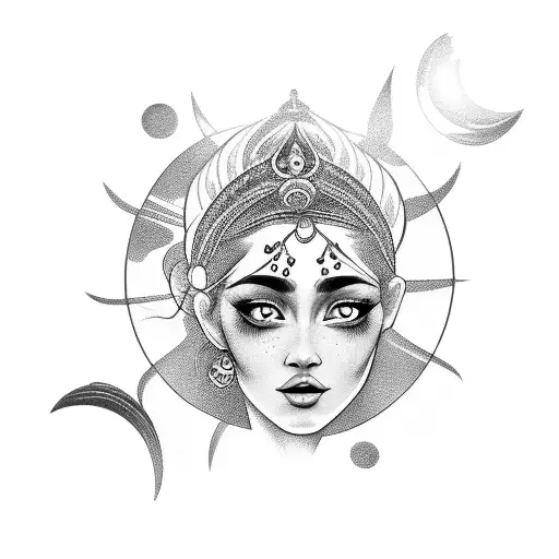 gypsy girl with sun and king and crystal ball tattoo design idea