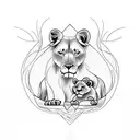 lioness and two cubs + tree of life + pheonix  tattoo design idea