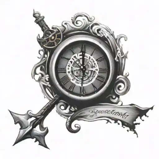 broken clock and quote "judgement is a double edged sword" tattoo design idea