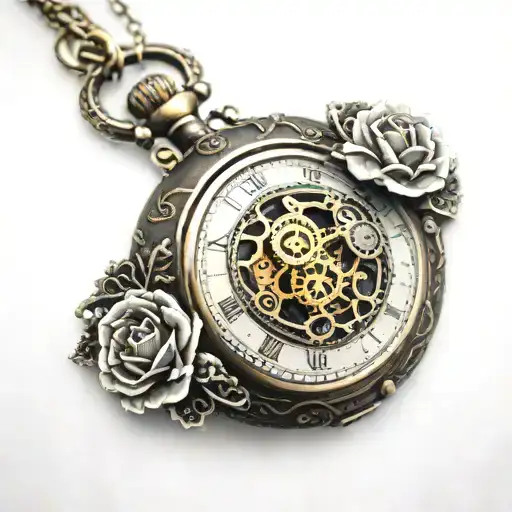 A pocket watch with intricate clockwork gears surrounding a heart-shaped locket, with a carnation flower intertwined in the design tattoo design idea