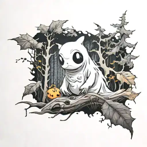 A realistic portrait of a ghost Pokémon in a spooky autumn forest setting tattoo design idea