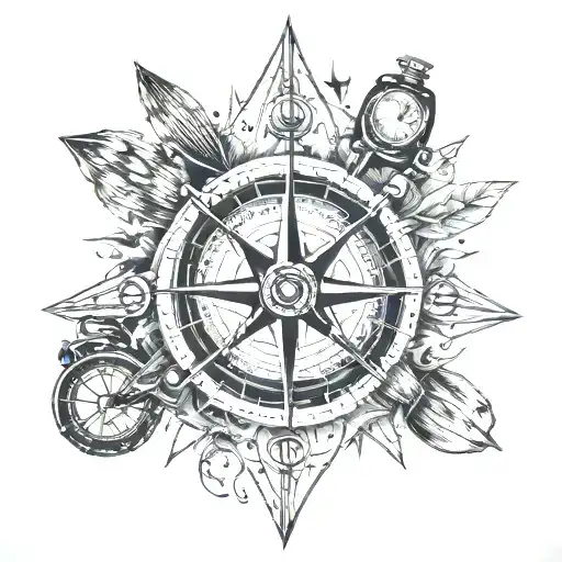 A blackwork tattoo of a compass rose with hunting and fishing equipment as the cardinal directions tattoo design idea