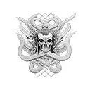A motorhead logo merged with a snake from Metallica's black album, with intricate dotwork patterns tattoo design idea