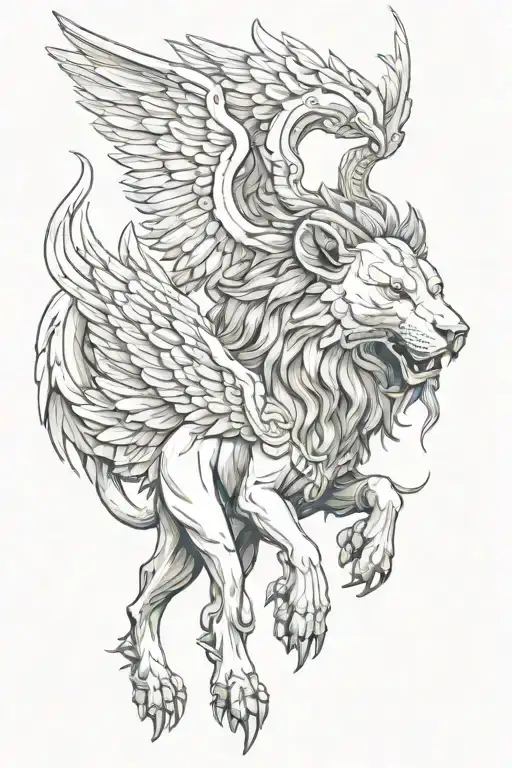 chimera lion head with horns with scorpian tail eagle wings and goat hooves on its hind legs tattoo design idea