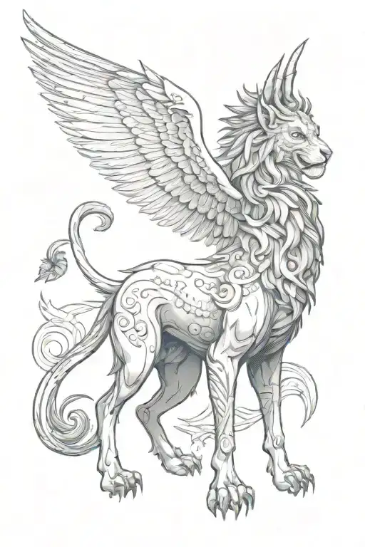 chimera with lion head with horns, eagle wings, goat hoovse, and scorpian tail, on its hind legs tattoo design idea