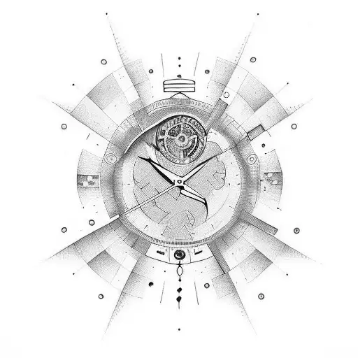 half  is a watch other half is a compas and they are both broken in opposite corners tattoo design idea