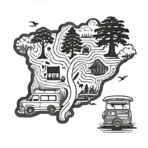 treasure map starting from a x point passing through a redwood tree, a beach, a campervan and a mushroom tattoo design idea