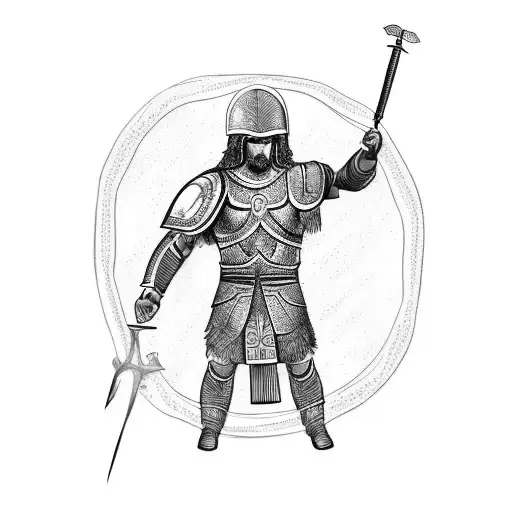 A sketch-style tattoo of a Greek warrior in full armor, standing on a ship's deck with the ocean stretching out behind him tattoo design idea