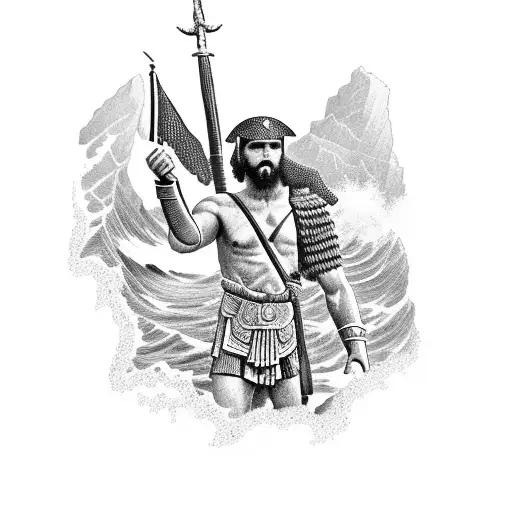 A detailed blackwork tattoo of an ancient Greek soldier standing on a rocky coastline, with waves crashing behind him tattoo design idea
