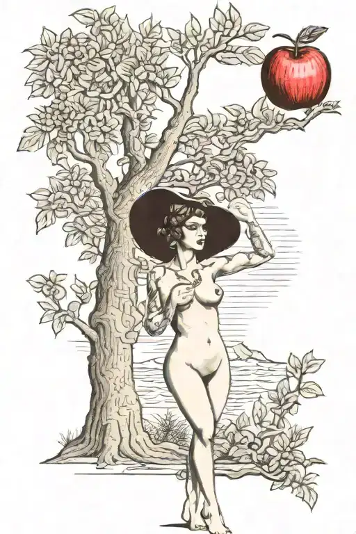 A full length portrait of a beautiful nude woman standing in front of a tree holding out an apple in her left hand  tattoo design idea