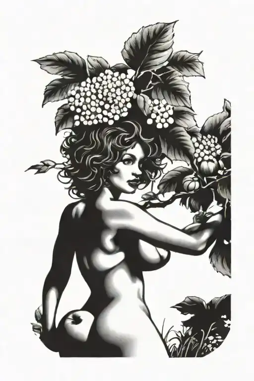 A beautiful nude woman standing in front of an apple tree holding out an apple in her raised left hand  tattoo design idea