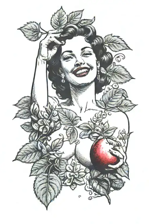 A nude woman smiling and holding an apple in her raised left hand. Behind the woman is an apple tree. tattoo design idea