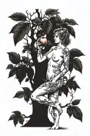 A full length portrait of a beautiful nude woman standing in front of a tree holding out an apple in her left hand  tattoo design idea