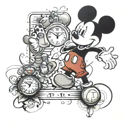 mickey mouse with baby foot print with time clock and day of birth tattoo design idea