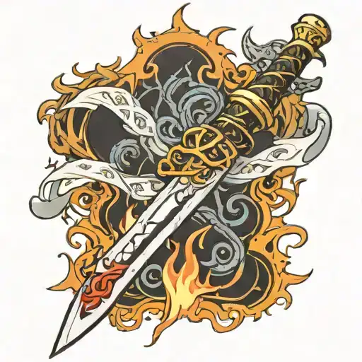 Japanese anime sword with flames wrapped around the blade and in white "through fire and brimestone is written in madrin tattoo design idea