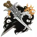 Japanese anime sword with flames wrapped around the blade and in white "through fire and brimestone is written in madrin tattoo design idea