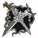 Japanese anime sword with flames wrapped around the blade and in white "through fire and brimestone is written in madrin tattoo design idea