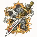 Japanese anime sword with flames wrapped around the blade and in white "through fire and brimestone is written in madrin tattoo design idea