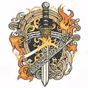 Japanese anime sword with flames wrapped around the blade and in white "through fire and brimestone is written in madrin tattoo design idea