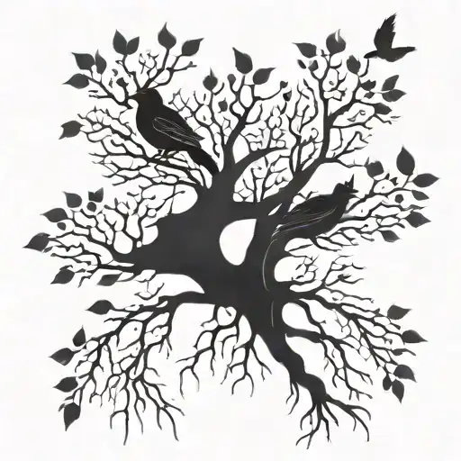 a tattoo of two trees of different color bark intertwined different types of birds fly away from it and the root system  tattoo design idea